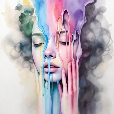 The primary subject of the image is a woman with a colorful, dripping face. The setting is a black and white background, which contrasts with the vibrant colors of the woman's face. The visual style is a combination of digital art and illustration, creating a unique and artistic representation of the woman. The colors and mood of the image are predominantly dark and moody, with the woman's face being the main focal point and source of color.